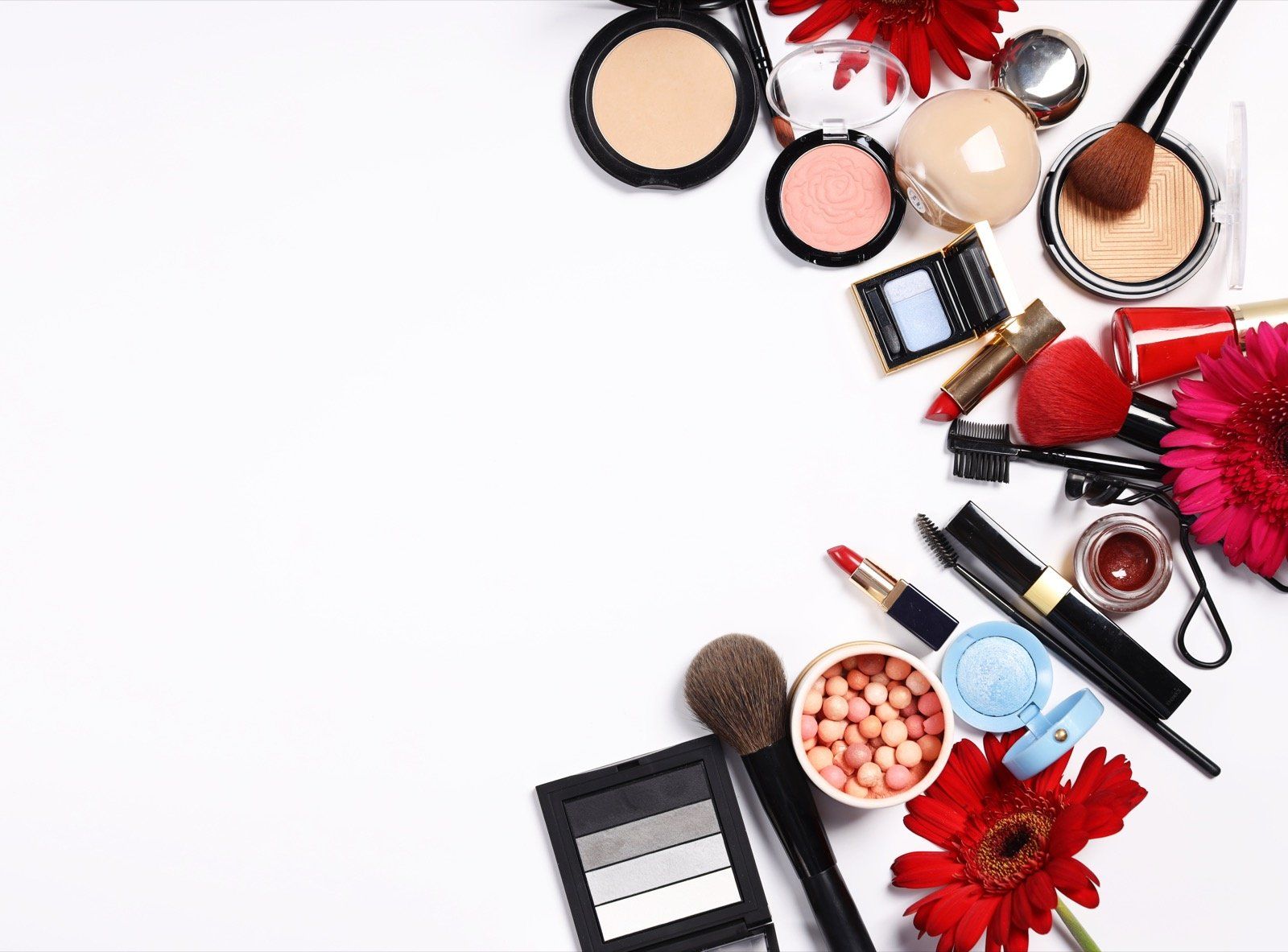 Assortment Of Cosmetics For Makeup Lipstick Powder Eye Shadow
